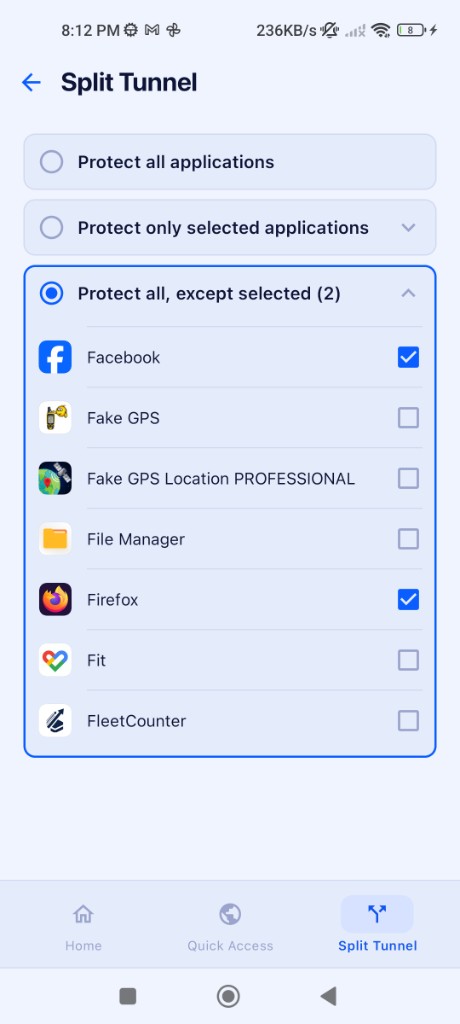 KloxVPN Android split tunnel app picker
