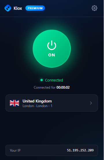 KloxVPN Chrome extension connected to United Kingdom server showing power ON, server location London, and masked IP address