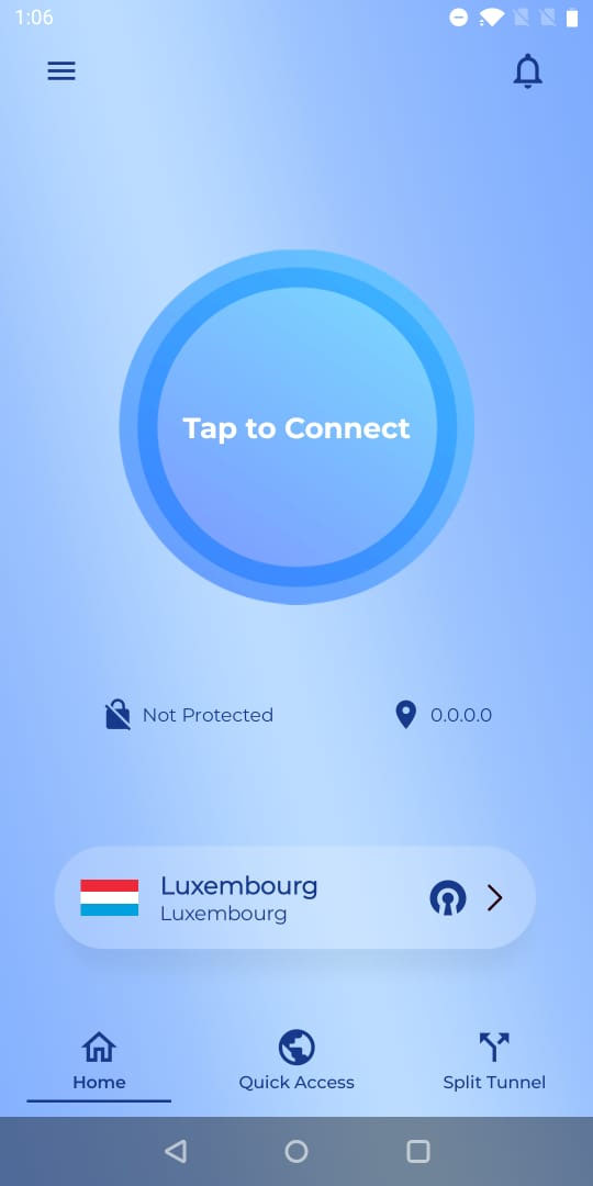 KloxVPN app main screen - one-tap connect, secure your connection