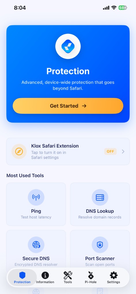 KloxVPN iOS Protection tab with network tools and Safari extension