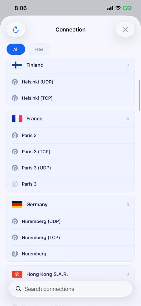 KloxVPN iOS server list with Finland France Germany and search bar